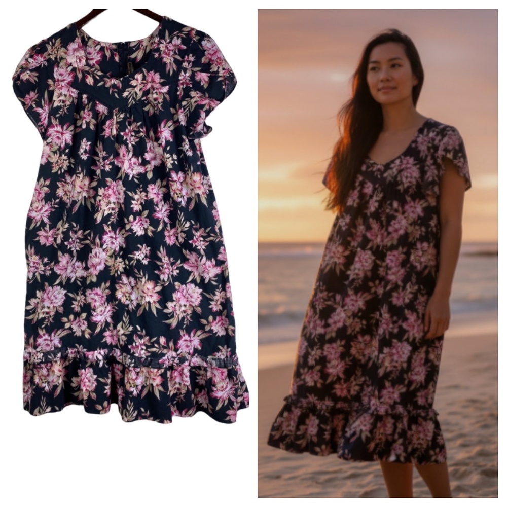 Vtg Hawaiian Flavor Mumu House Midi Dress Large 12 14 Tropical Black Pink
